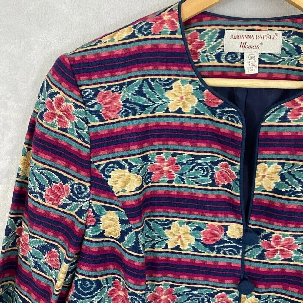 Vintage‎ Adrianna Papell Linen Blend Jacket Womens 14L Floral Stripe Retro 80s